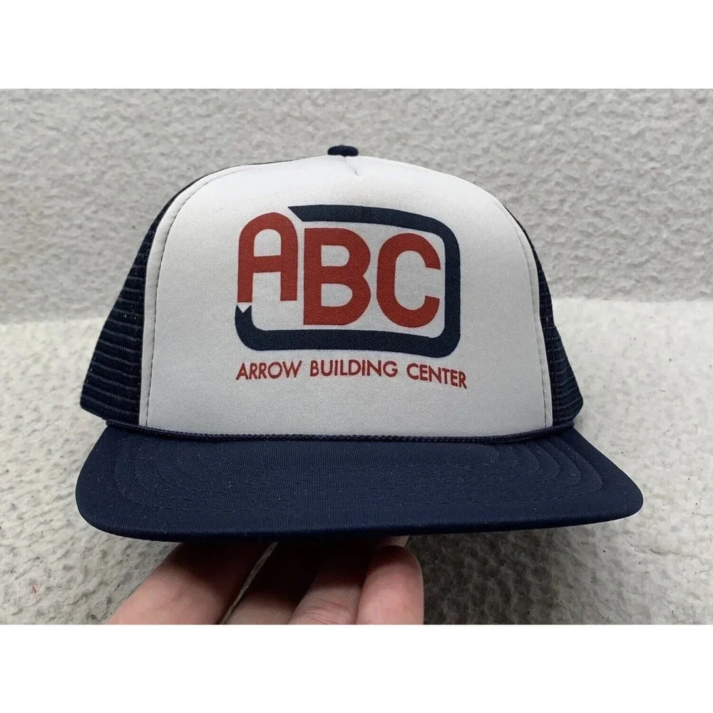 VTG ABC Trucker Hat Mens Snapback Foam Mesh Blue White Arrow Building Center Dad